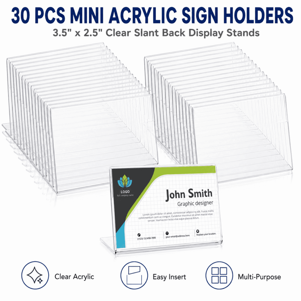 ATEAMIR 30 Pack Mini Acrylic Sign Holder, 3.5"x2.5" Slant Back L-Shaped Display Stand, Clear Business Card Name Tag Stand for Desk Office Classroom Home