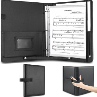 ATEAMIR PU Leather Choir Music Folder, 3 Ring Sheet Music Binder with Adjustable Hand Strap & Elastic Band, Fits Letter Size, for Choral Performances Concerts, Black