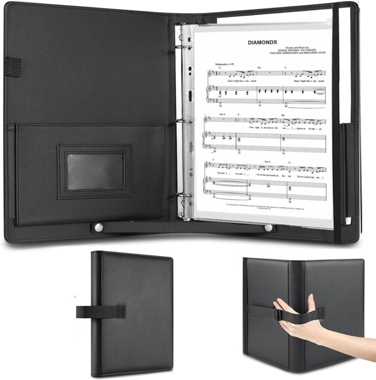 ATEAMIR PU Leather Choir Music Folder, 3 Ring Sheet Music Binder with Adjustable Hand Strap & Elastic Band, Fits Letter Size, for Choral Performances Concerts, Black