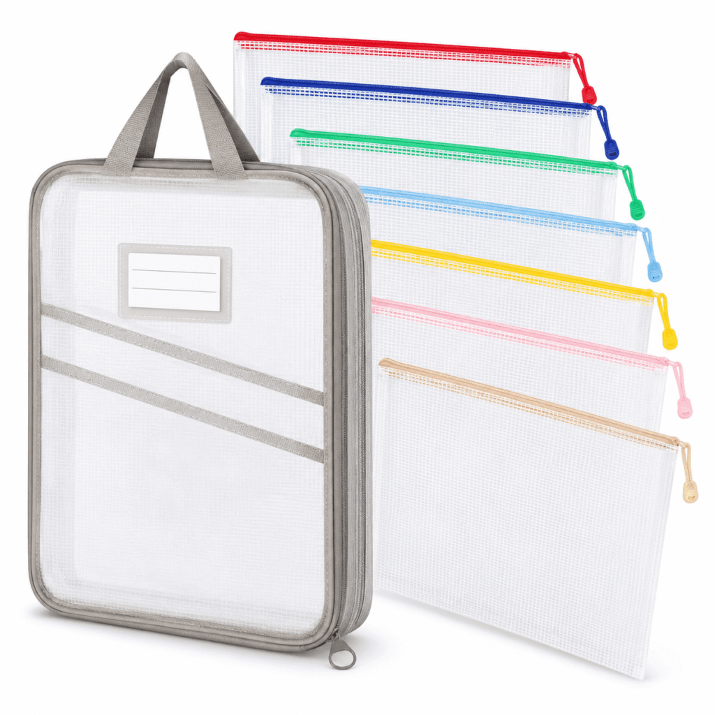 ATEAMIR 10 Pack PVC Mesh Zipper Pouch Set, A4/Letter Size Translucent File Bags with Organizer Bag, Waterproof Document Pouches for Office School Travel Supplies