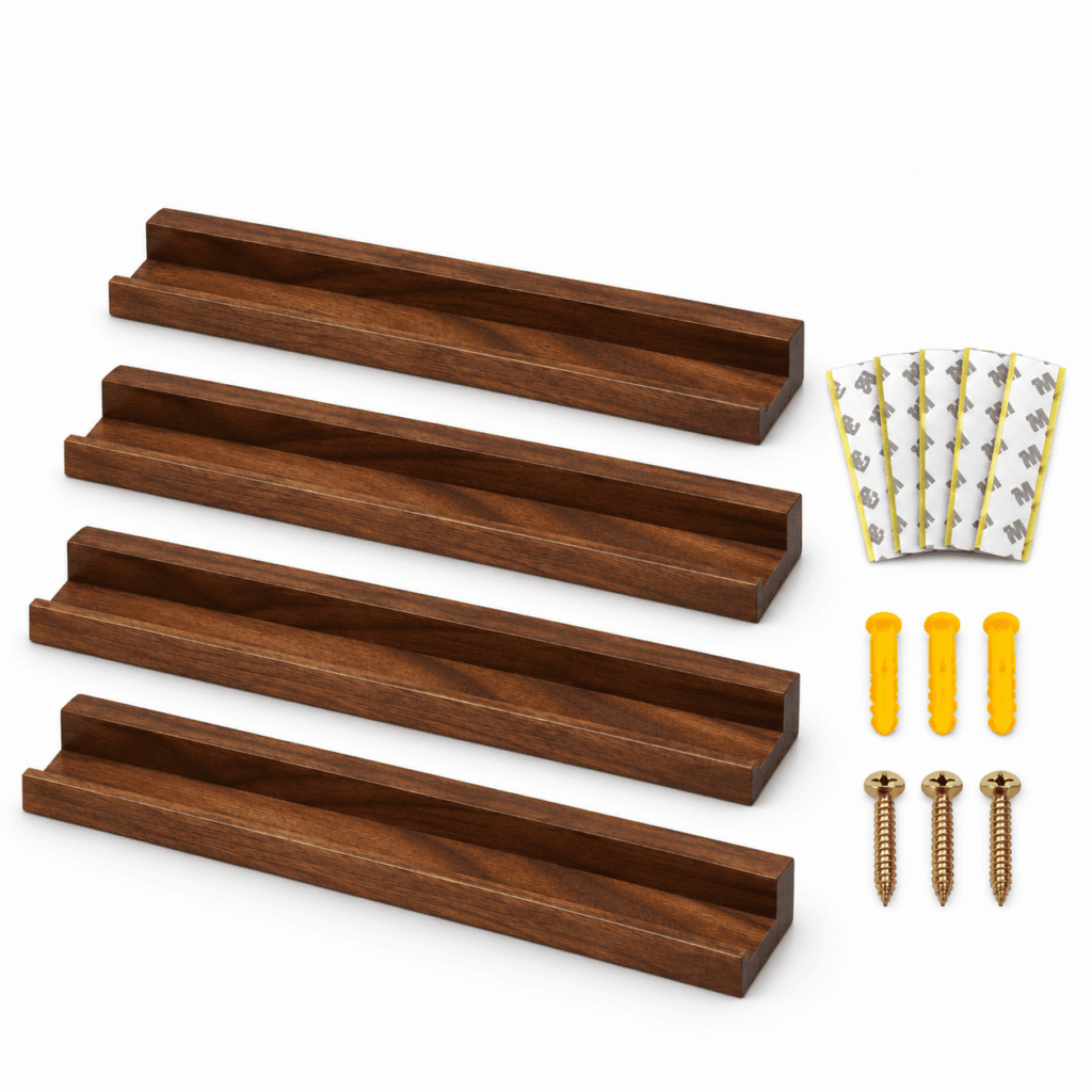 ATEAMIR 4-Pack Walnut Wood Vinyl Record Wall Shelves, Floating LP Display Holders with Mounting Hardware