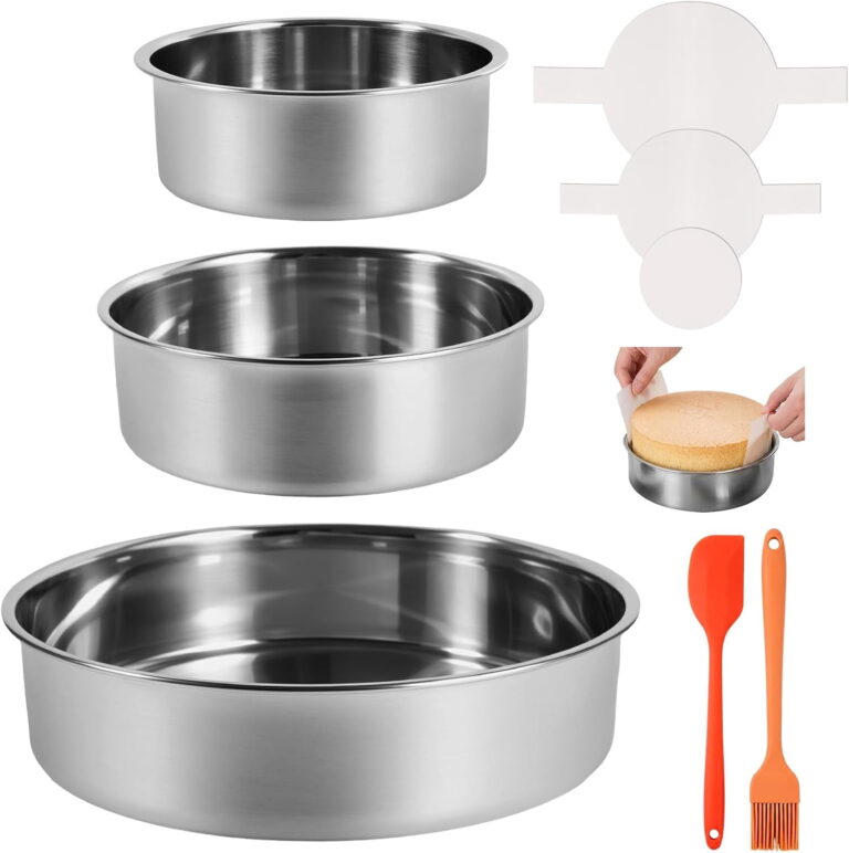 ATEAMIR Stainless Steel Round Cake Pan Set, Parchment Liners, Handles, Silicone Brush and Spatula, 4 6 8 Inch, 3 Count