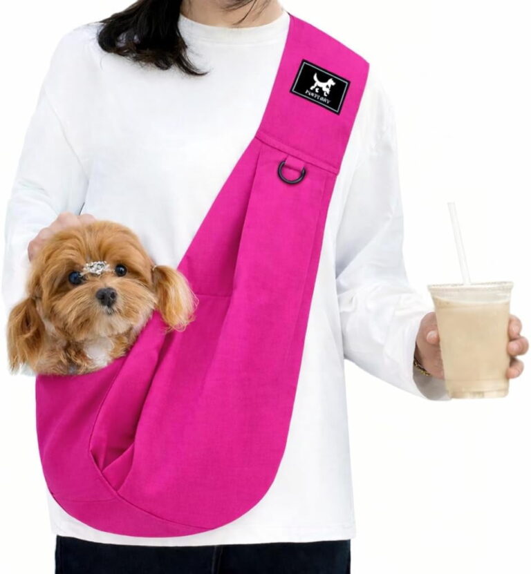 ATEAMIR Dog Sling Carrier for Small Dogs up to 15 lbs, Hands-Free Pet Sling with Padded Shoulder Strap, Adjustable Size Based on Owner Bust, Safety Buckle & Leash, Fuchsia