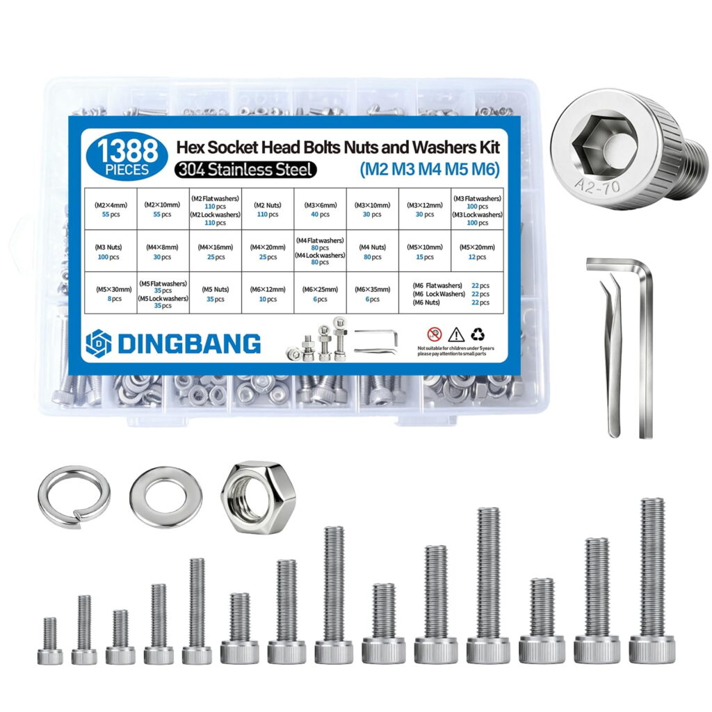 ATEAMIR 1388-Piece Metric Screw Assortment Kit, M2-M6 304 Stainless Steel Socket Head Screws, Nuts and Washers